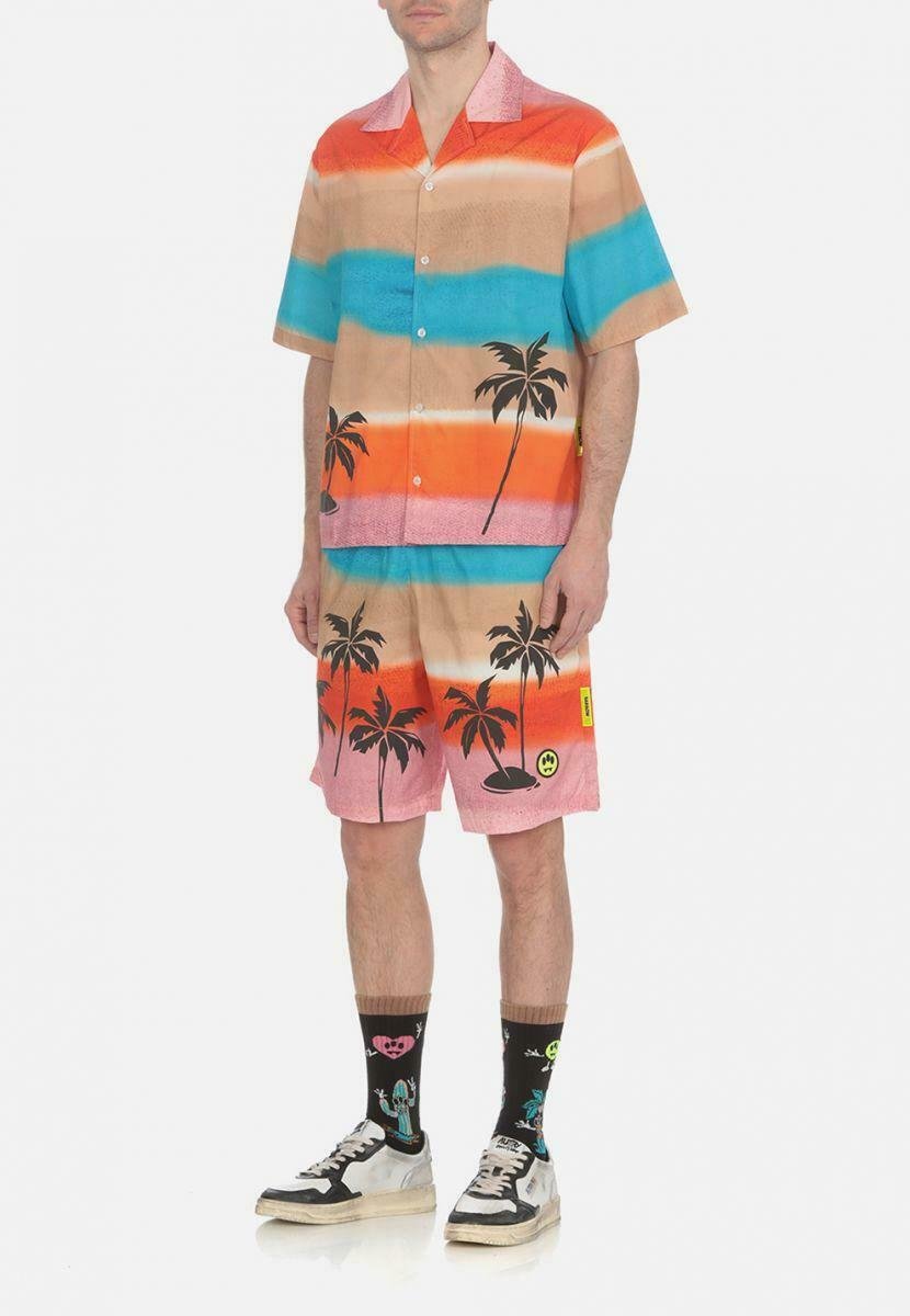 Cromoncent Camicia Hawaiana Uomo E Ragazzo, Maniche Corte, Colletto Cubano, Stampa Tropicale Arancione, Taglia L - Per Estate E Spiaggia