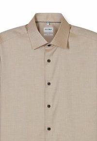 Beige patterned shirt, cotton blend, button-down collar, six buttons in dark brown, textured fabric with a subtle geometric design.