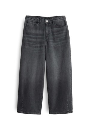 Weite Jeans in dunkelgrauem Denim. Mit einem Knopf- und Reißverschluss, zwei Fronttaschen und einem sauberen Saum ohne Abnutzungsspuren.