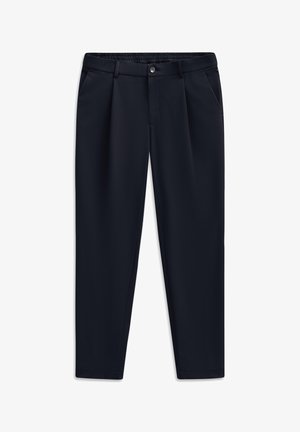 Navyblaue, maßgeschneiderte Hose mit vorderem Knopf, Gürtelschlaufen, Seitentaschen und elastischem Bund auf weißem Hintergrund.