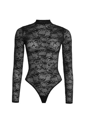 Mustapitsi bodysuit, jossa on pitkät hihat ja korkea kaulus. Kukkapainatus ja thong-leikkaus. Läpinäkyvä rakenne korostaa muotoilua.