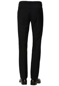 Schwarze maßgeschneiderte Hosen aus gewebtem Stoff. Mit flachem Bund, Gesäßtaschen und glatter Textur. Taillierte Passform mit scharfen Falten.