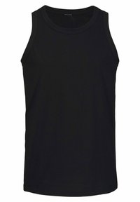 Black cotton tank top with a round neckline, sleeveless design, and a straight hem. Smooth texture, no patterns or accents.
