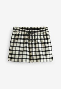 Svarta och krämfärgade rutiga shorts med elastisk midja och justerbar dragsko. Tillverkade av ett mjukt tyg med en slät yta.