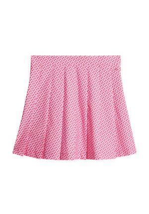 Schwingender Rock aus leuchtend pinkfarbenem Stoff mit einem geometrischen weißen Muster, glatter Textur und elastischem Bund für komfortable Passform.
