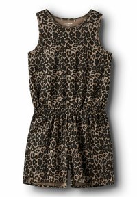 Combinaison sans manches en imprimé léopard, dans des tons beige et noir, avec une taille élastique et un tissu doux, conçue pour le confort et la facilité d'enfilage.