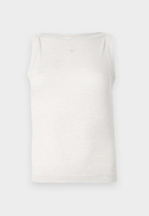 Top smanicato grigio chiaro in tessuto morbido, caratterizzato da un design semplice con scollatura rotonda e dettagli di cuciture sottili sulle spalle.