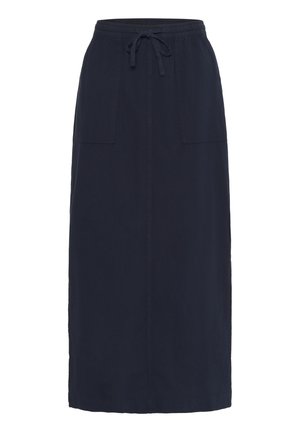 Jupe maxi bleu marine foncé avec une taille élastique, cordon de serrage et deux poches latérales. Fabriquée dans un tissu doux et léger avec une texture lisse.