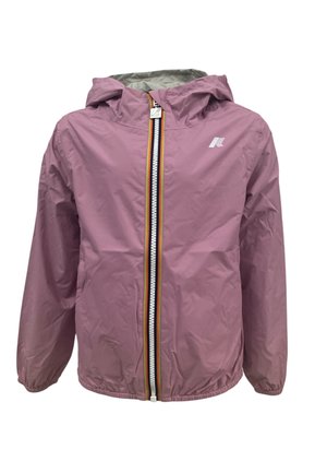 Giacca impermeabile viola con cappuccio per bambini, con cerniera frontale a strisce multicolori e polsini elasticizzati.