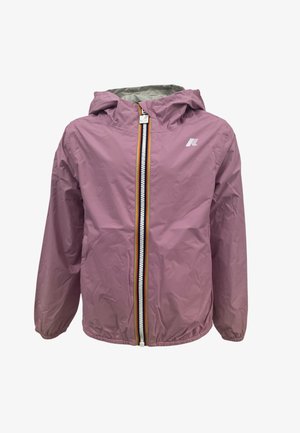Giacca impermeabile viola con cappuccio per bambini, con cerniera frontale a strisce multicolori e polsini elasticizzati.