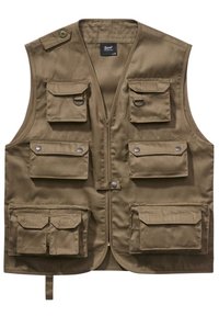 Beige Stoffweste mit mehreren Taschen, Verschlüssen aus Knöpfen und Reißverschlüssen sowie einem kragenlosen Design. Glatte Textur mit verstärkten Nähten.