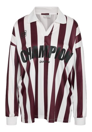 Long-sleeve white and burgundy vertical striped rugby shirt with white collar, "CHAMPION" and "GAME ON" text on front, and number 09 on chest.