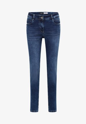 Mörkblå denimjeans med smal passform, utrustade med knäppningsstängning, fem fickor och subtila sömmar längs med sömmarna.