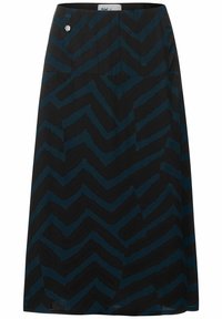 Černá sukně s cik-cak vzorem v tmavě tyrkysové barvě, vyrobená z lehké látky. Mezi detaily se nachází pás a malý logo akcent.