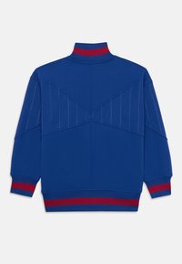 Sweatshirt bleu avec col montant, accents rayés rouges et bleus aux poignets et à l'ourlet, présentant un design de panneau texturé à l'arrière.