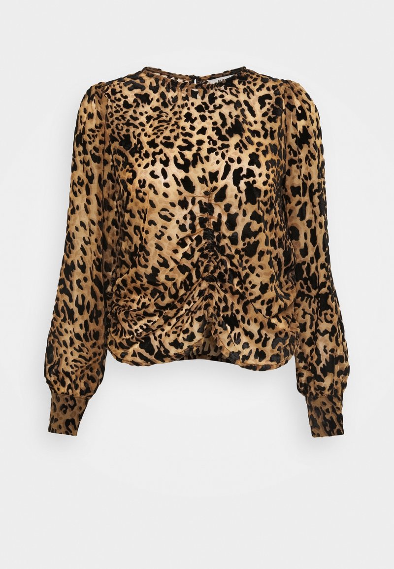 Leopard-print long-sleeve blouse in a soft, shiny fabric. Features a gathered front detail and elasticated cuffs. Color palette: brown and black.