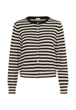 Cardigan a righe bianco e nero con maniche lunghe, scollatura rotonda, chiusura frontale con bottoni e una consistenza morbida e leggera.