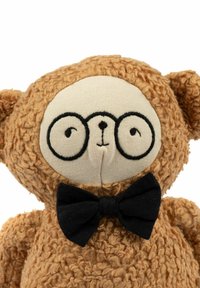 Gestopftes Teddybärchen mit flauschigem braunem Fell, rundem Gesicht, gestickten Augen und schwarzer Fliege. Hat eine strukturierte Oberfläche und eine weiche, einladende Form.