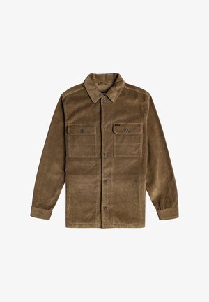Brown corduroy jacket featuring a button front, two breast pockets, and a collar. The fabric has a textured, ribbed appearance.