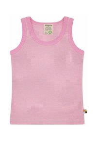 Rosa gestreifter Tanktop mit rundem Ausschnitt, aus weichem Stoff gefertigt. Verfügt über kontrastierende Besätze am Ausschnitt und an den Armausschnitten sowie ein Etikett an der Seite.