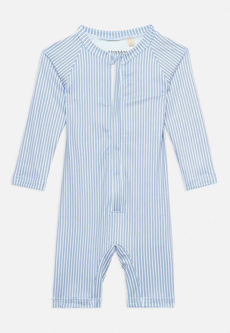 Μπλε και λευκή ολόσωμη φόρμα μωρού με κάθετες ρίγες, μακριά μανίκια, εμπρόσθιο φερμουάρ και στρογγυλή λαιμόκοψη πάνω σε λευκό φόντο.