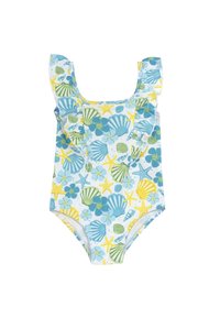 Maillot de bain avec des motifs de coquillages bleus, verts et jaunes, ainsi que d'étoiles de mer. Bretelles à volants, décolleté en forme de cercle et tissu texturé.