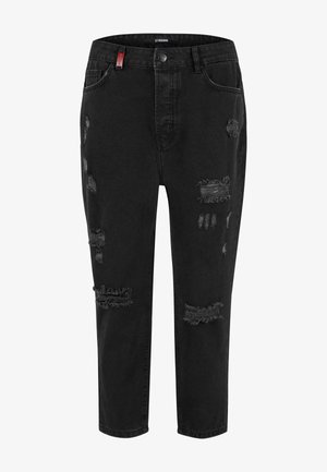 Schwarze Denim-Jeans mit ausgefransten Rissen, hoher Taille, Knopfverschluss und einem roten Etikett. Schmal zulaufendes Bein mit ausgefranstem Saum.