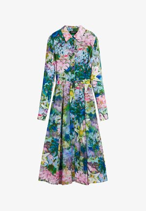 Langärmeliges, knöpfbares Kleid mit Kragen und Gürtel, verziert mit einem bunten Blumen- und abstrakten Muster in Grün-, Blau-, Rosa- und Violetttönen.