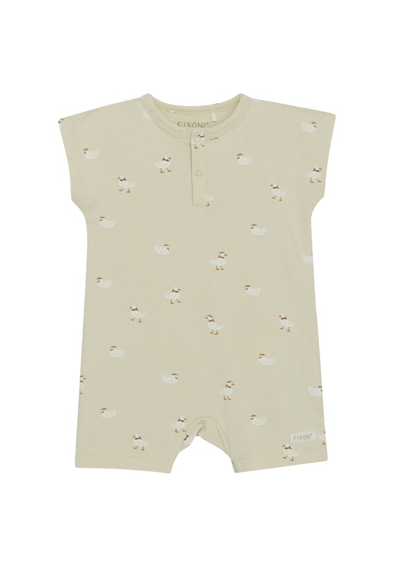 Lichtbeige korte romper met een wit eendenpatroon, voorzien van een ronde halslijn, korte mouwen en drukknoopsluiting aan de voorkant.