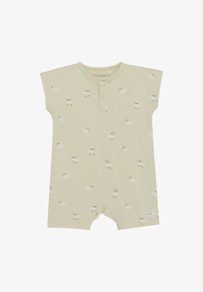 Lichtbeige korte romper met een wit eendenpatroon, voorzien van een ronde halslijn, korte mouwen en drukknoopsluiting aan de voorkant.
