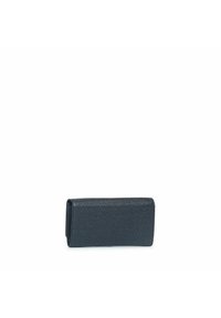 Billetera rectangular negra hecha de un material texturizado brillante. Presenta un diseño simple sin hardware visible ni acentos.