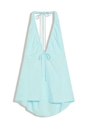 Light blue halter neck sleeveless dress with deep V neckline and ties at neck and mid-back, and a slightly longer back hem.