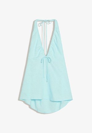 Hellblaues ärmelloses Neckholderkleid mit tiefem V-Ausschnitt und Bändern am Nacken und in der Mitte des Rückens sowie einem etwas längeren Rückensaum.