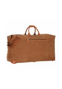 Borsa duffel in suede marrone con dettagli in pelle, manici doppi, tracolla rimovibile e tasca frontale con zip. Angoli arrotondati.