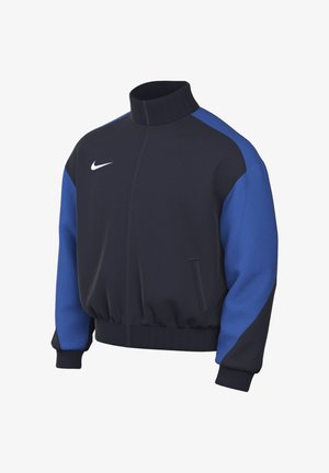 Schwarze und blaue Nike-Sportjacke mit hohem Kragen, gerippten Bündchen und Saum sowie einem weißen Nike-Logo auf der linken Brust.