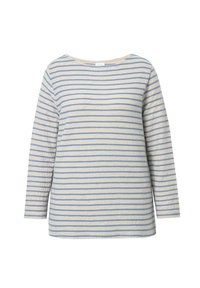 Helles beige Langarmshirt mit blauen horizontalen Streifen, weitem Ausschnitt, weicher Textur und lockerer Passform. Standardnaht und Saum.