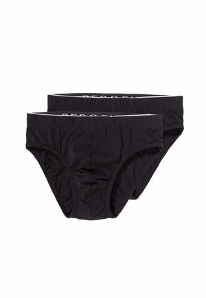 Due slip neri da uomo con vita elastica, impilati con uno davanti e uno parzialmente visibile dietro su sfondo bianco.