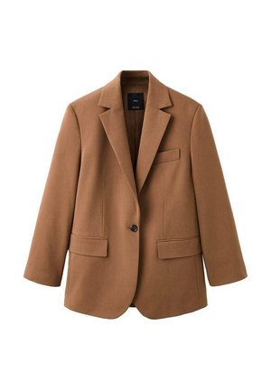 Brązowa marynarka dopasowana, z klapami typu notch, pojedynczym zapięciem na guzik, dwoma przednimi kieszeniami oraz elegancką, wyrafinowaną sylwetką.