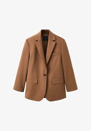 Brauner maßgeschneiderter Blazer mit Reverskragen, Ein-Knopf-Verschluss, zwei vorderen Taschen und einer schlanken, strukturierten Silhouette.