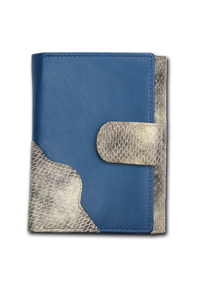 Blue leather wallet with a textured silver accent. Features a smooth finish and a curved design element, secured by a silver clasp.