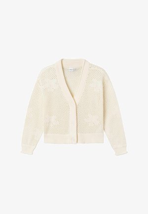 Cardigan en maille couleur crème avec manches longues, boutonné sur le devant, motif ajouré et motifs floraux discrets.