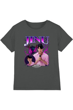 Dark gray t-shirt featuring animated K-pop character Jinu in a pink shirt holding a microphone, with purple text and "Kpop Demon Hunters" logo.