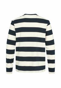 Langarmshirt met brede horizontale zwarte en witte strepen, gezien vanaf de achterkant op een witte achtergrond.