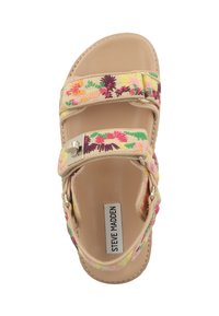 Beige sandal med broderat blommönster i rosa, gult och grönt. Har två justerbara remmar och en detalj med silverspänne.