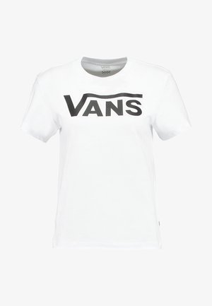 White cotton t-shirt with short sleeves and round neck. Features a large, bold black "VANS" logo across the chest. Soft texture.