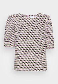 Blusa de manga curta em padrão geométrico rosa, verde e preto. Tecido macio com decote redondo e mangas ligeiramente volumosas.