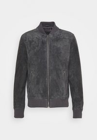 Graue Wildleder-Bomberjacke mit Reißverschluss vorne, gerippten Bündchen und seitlichen Reißverschlusstaschen. Glatte Textur mit lässigem Design.