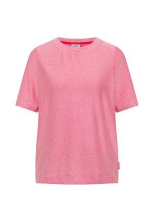 T-shirt à manches courtes à fines rayures roses et blanches avec col rond, orné d'une petite étiquette rose sur la couture latérale gauche.