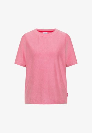 Kurzärmliges T-Shirt mit Rundhalsausschnitt, rosa und weiß dünn gestreift, mit einem kleinen rosa Etikett an der linken Seitennaht.