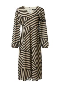 Bedrucktes Kleid in Beige und Schwarz mit V-Ausschnitt, langen Puffärmeln, einem Reißverschluss und einem geometrischen Streifenmuster. Leichter Stoff.
